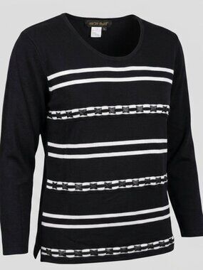 Womens XL Black Knit Sweater White Striped Faux Leather Ribbon Trim HIGH POINT